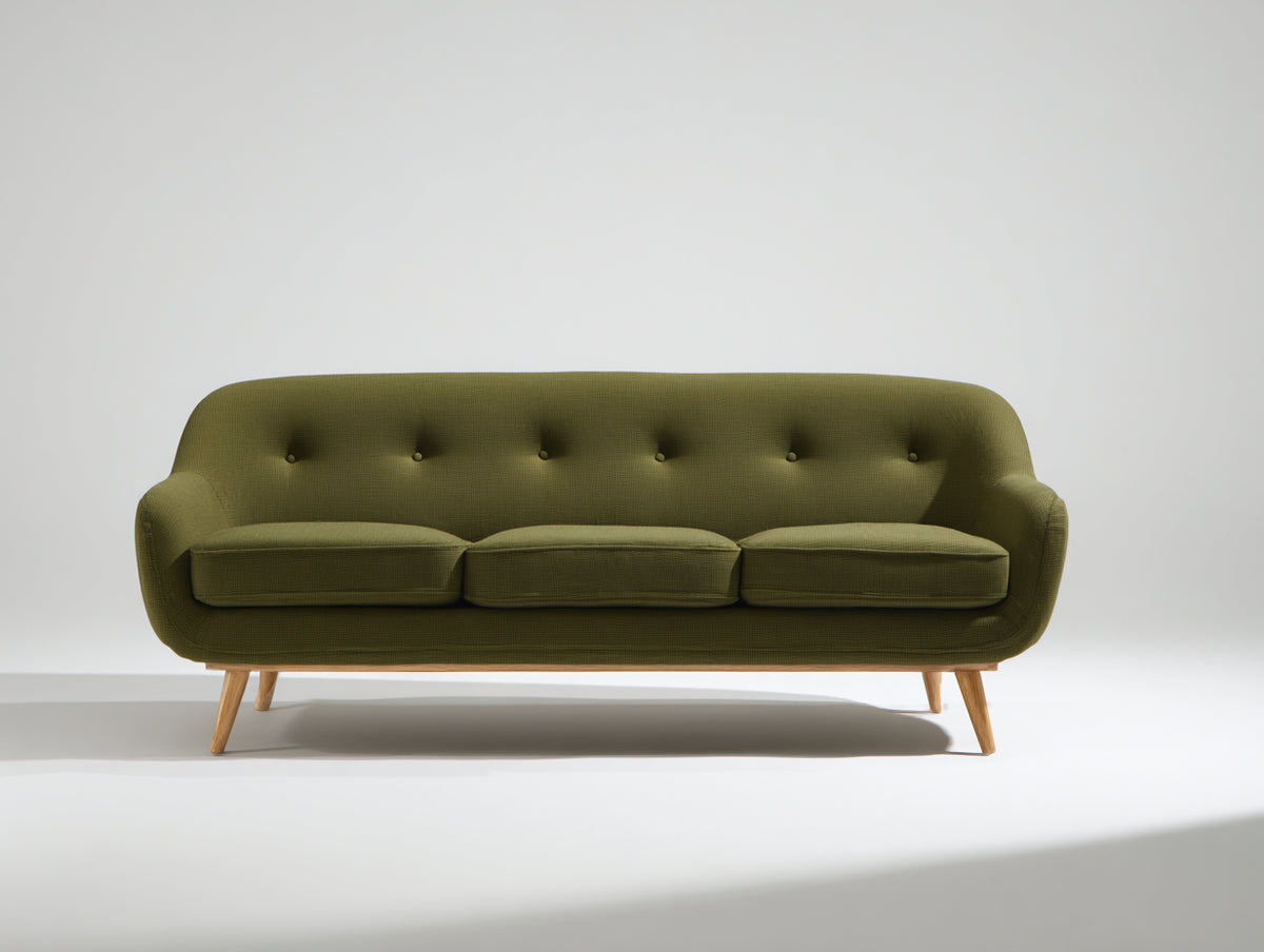 3 Sitzer Sofa mit Stoffbezug 215 x 88 x 82 cm - Olivgrün - Modernes Retro Design mit Knopfheftung