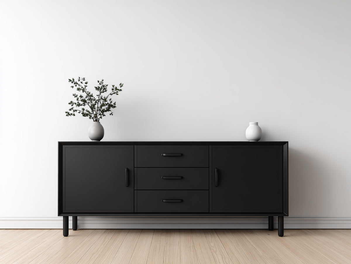 Dielenschrank aus Holzwerkstoff 160x40x80 cm - Schwarz - 2 Türen und 3 Schubladen - Moderner Stauraumschrank