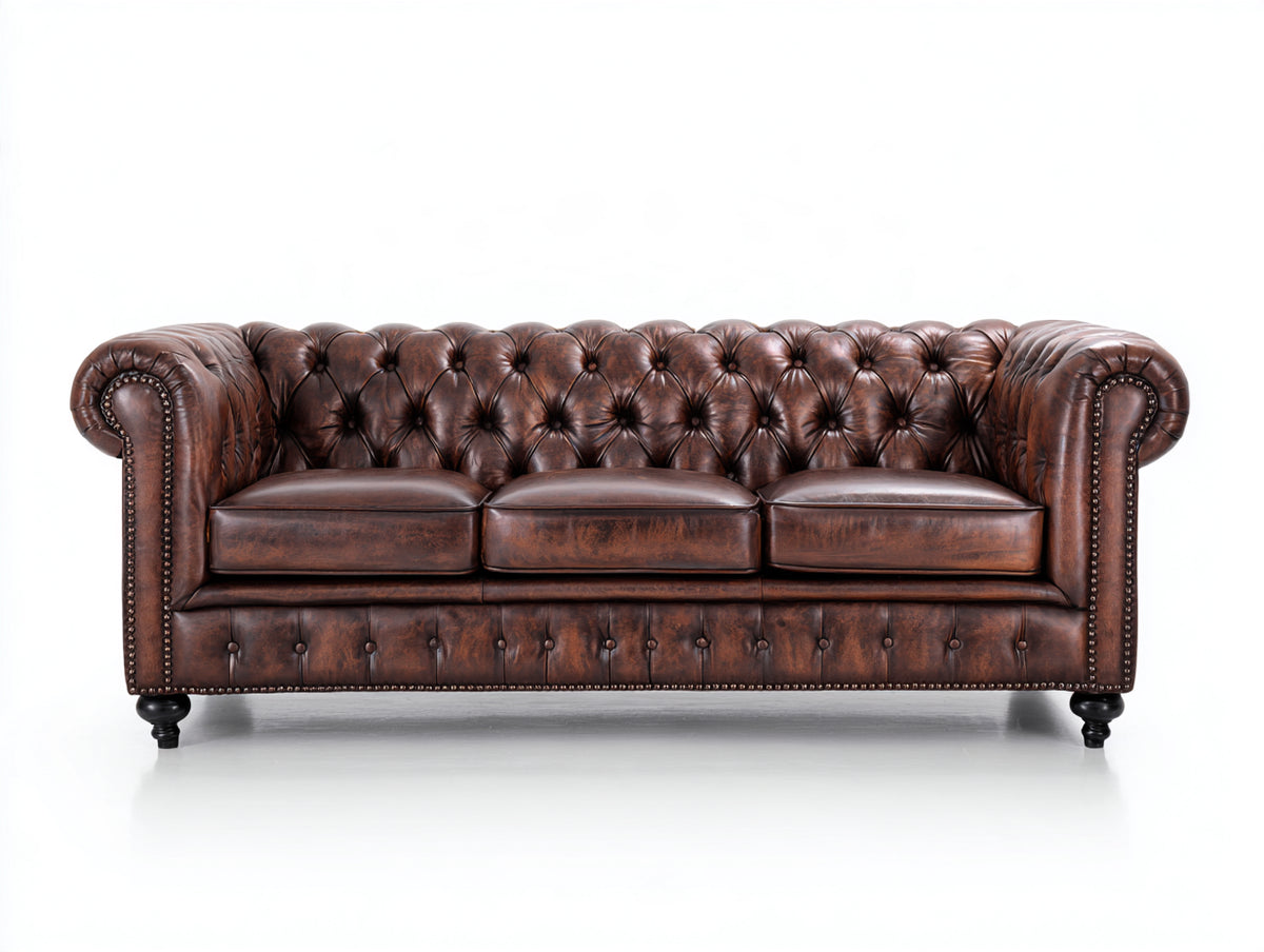 3 Sitzer Sofa Chesterfield 220 x 95 x 78 cm - Braun - Klassisches Design mit Knopfheftung und gerollten Armlehnen