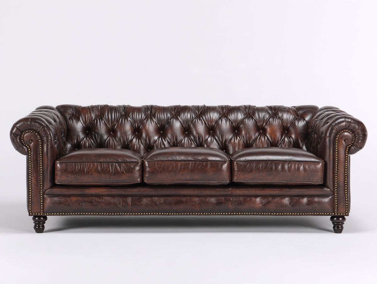 3 Sitzer Sofa 225x95x78 cm - Braun - Lederbezug mit Knopfheftung und klassischem Chesterfield Design