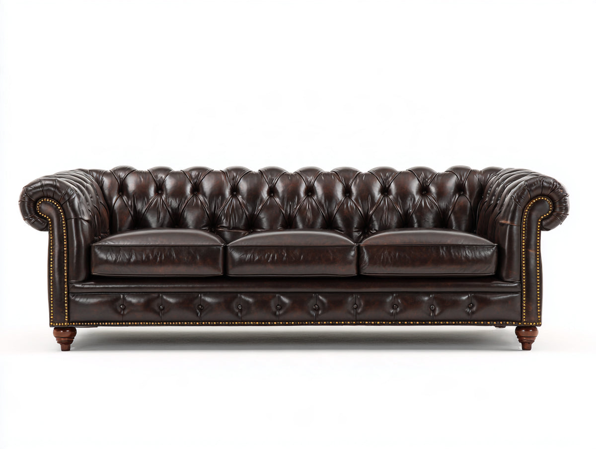 3 Sitzer Sofa 230x96x78 cm - Dunkelbraun - Lederbezug mit Knopfheftung und klassischem Chesterfield Design
