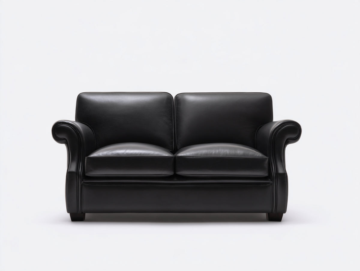 Zweisitzer Sofa 175x90x88 cm - Schwarz - Lederbezug mit gerollten Armlehnen und klassischem Design